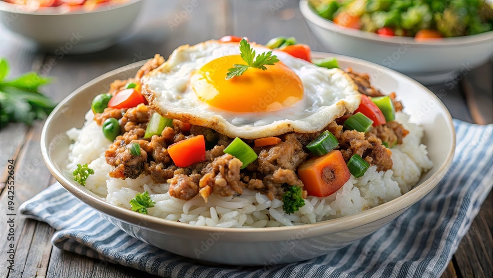 Fried egg on rice topped with ground pork, mixed vegetables in Asian cuisine Fried egg on rice topped with ground pork, mixed vegetables in Asian cuisine