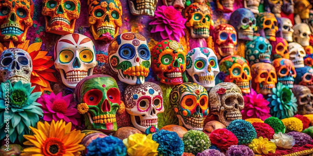 Vibrant Day of the Dead celebration with colorful paper mache decorations in Mexico Vibrant Day of the Dead celebration with colorful paper mache decorations in Mexico