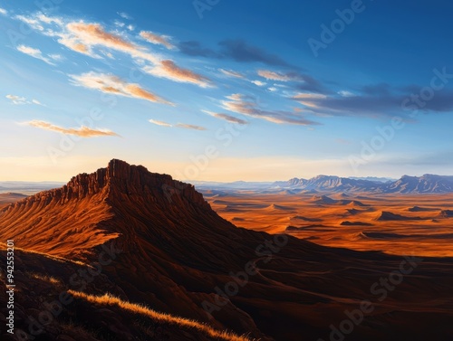 Stunning Desert Mountain Landscape at Sunrise with Clear Blue Sky and Clouds