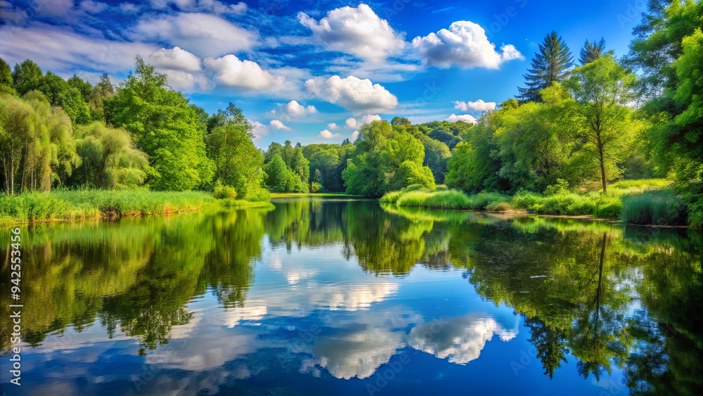 Tranquil pond reflecting lush forest and blue sky, peaceful natural setting Tranquil pond reflecting lush forest and blue sky, peaceful natural setting