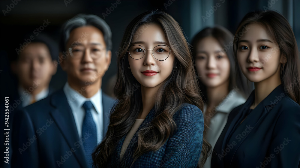 Confident businesswoman in glasses standing in front of a team of professionals. Confident businesswoman in glasses standing in front of a team of professionals.