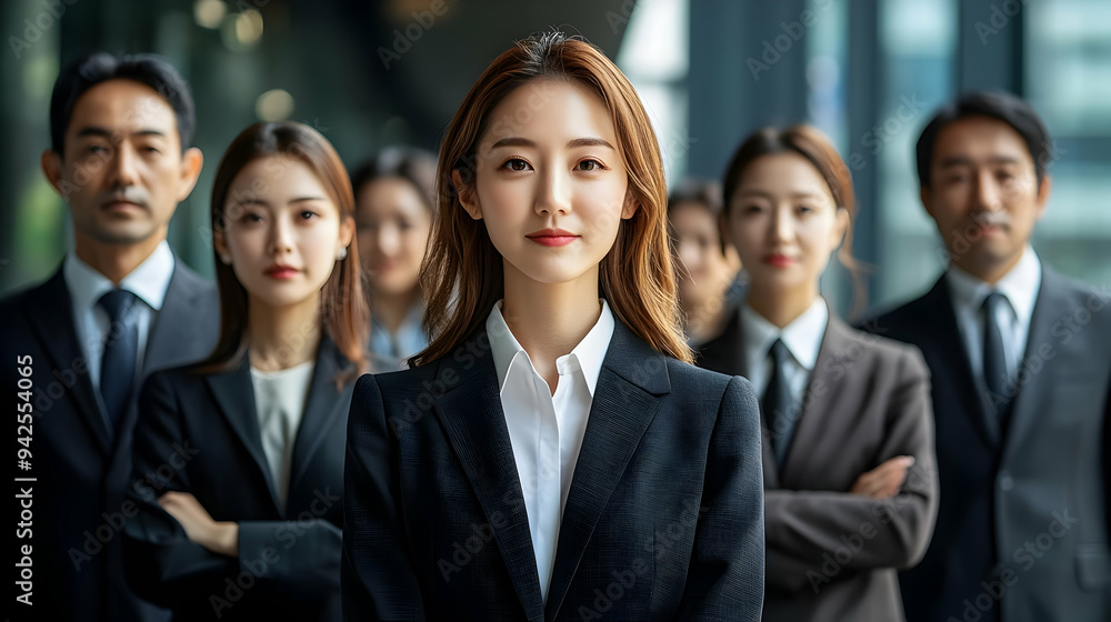 Confident businesswoman standing in front of a team of business professionals. Confident businesswoman standing in front of a team of business professionals.