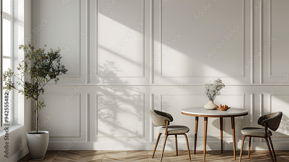 A minimalist dining room with a round table and two chairs, with a potted plant and sunlight streaming in the window.