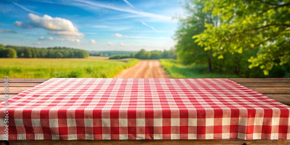 A mockup picnic wooden table with red checkered tablecloth set against a blurred countryside background for a cozy outdoor gathering A mockup picnic wooden table with red checkered tablecloth set against a blurred countryside background for a cozy outdoor gathering