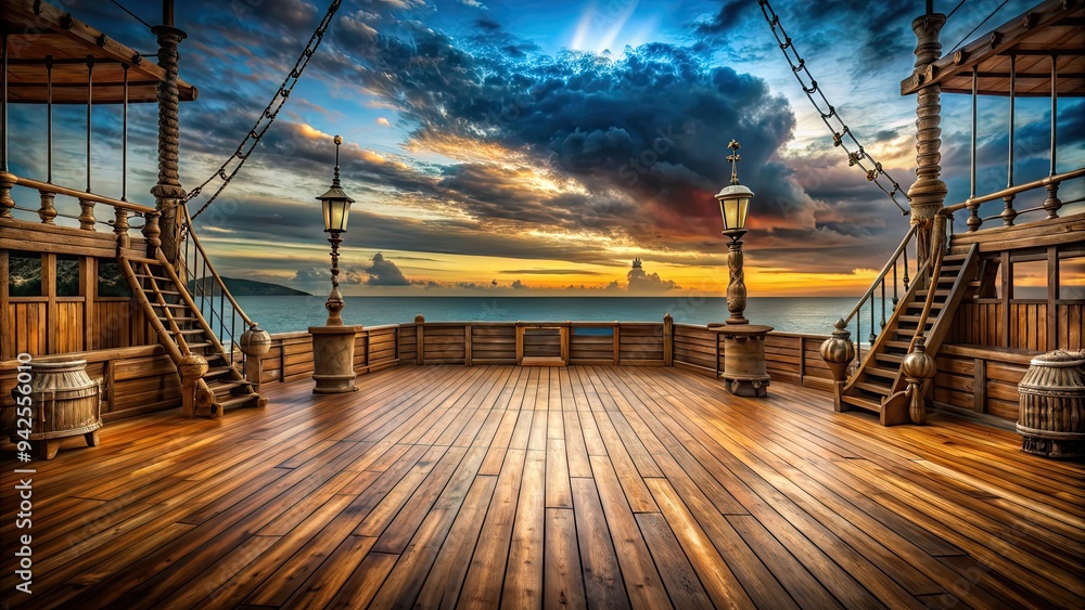 Naklejka premium Empty pirate ship deck background for theater stage scene, Pirate ship, deck, background, theater, stage, scene, prop