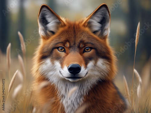 Detailed close up of a Maned wolf in a lush grassland environment