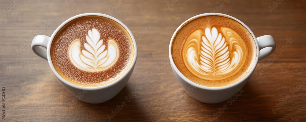 Two cups of beautifully crafted latte art on a wooden table, showcasing rich colors and intricate designs. Two cups of beautifully crafted latte art on a wooden table, showcasing rich colors and intricate designs.