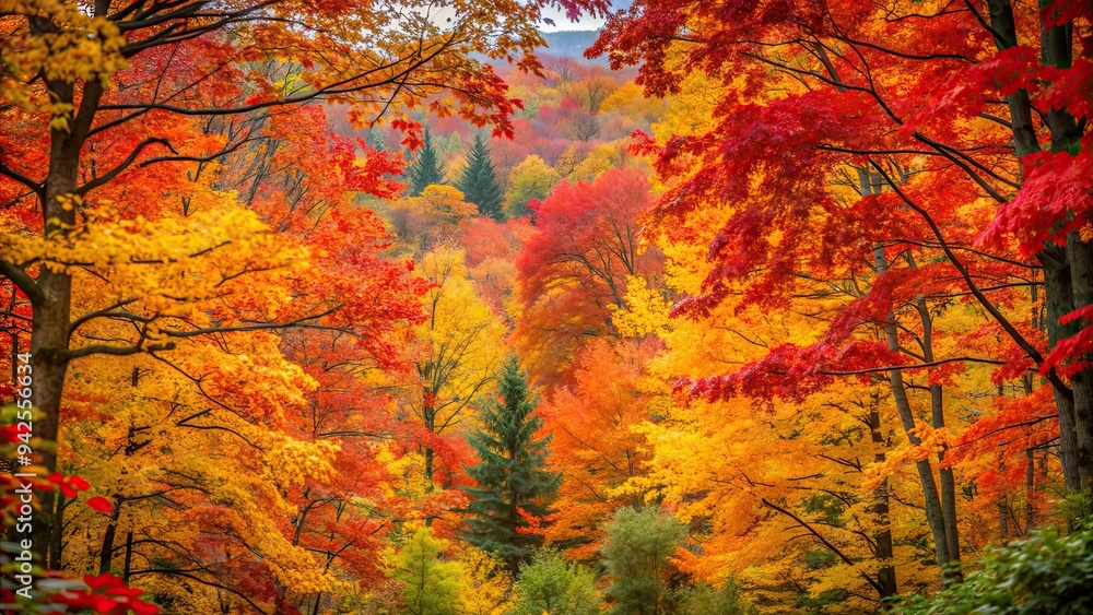Vibrant forest foliage in shades of red, orange, and yellow during autumn season, autumn, forest, trees, fall, colorful Vibrant forest foliage in shades of red, orange, and yellow during autumn season, autumn, forest, trees, fall, colorful