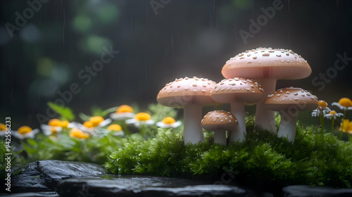 Four mushrooms growing in a...