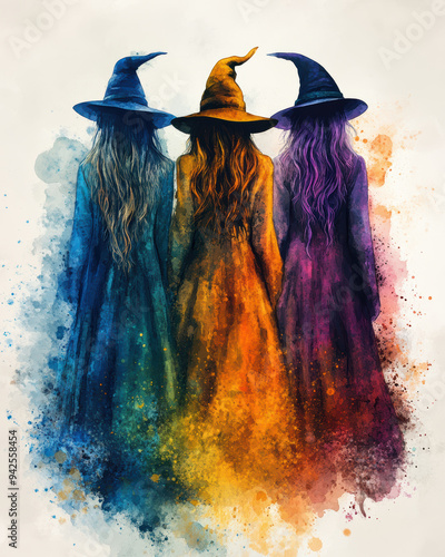 Three vibrant witches in colorful robes and hats, blending magical elements with a vivid artistic splash.