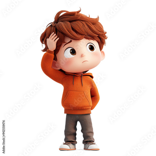 D Cartoon Boy Character  Confused  Thinking  Scratching Head  Looking Up