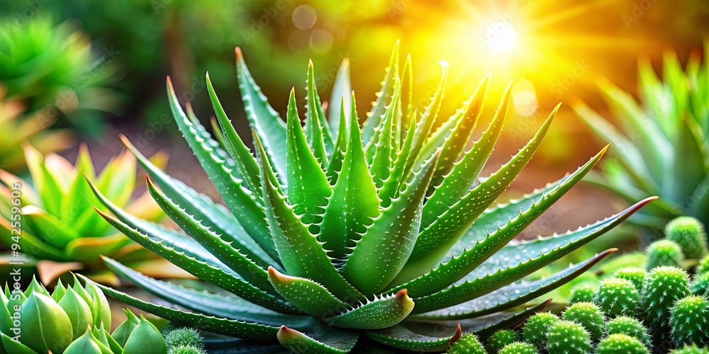 Fototapeta premium Vibrant garden scene with thriving aloe vera plant, featuring succulent green leaves and healthy growth