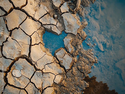 Cracked dry earth with a small pool of water. photo