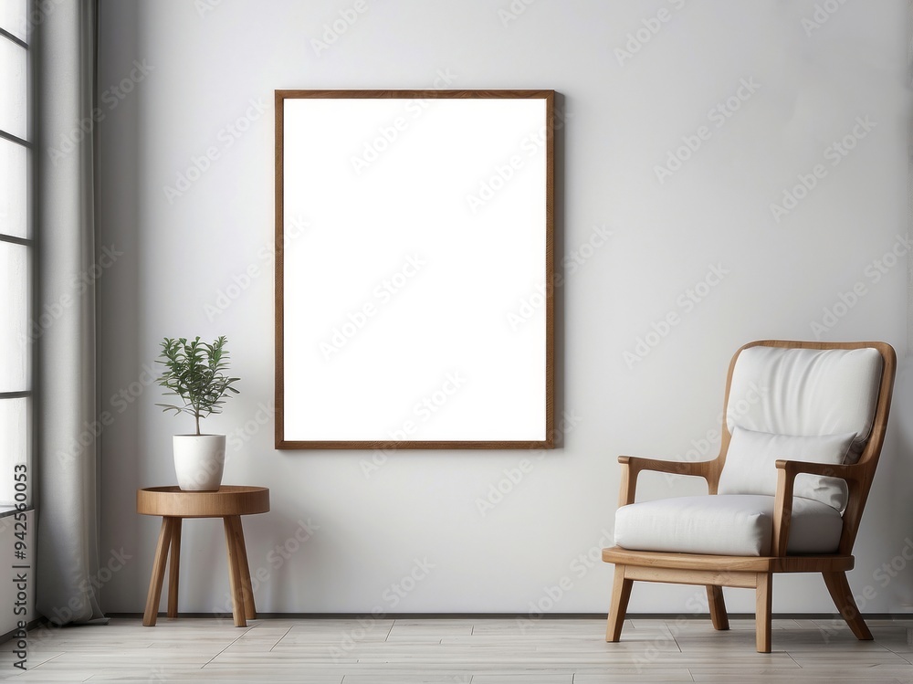 Empty Frame with Wooden Chair and Side Table in a Minimalist Room Empty Frame with Wooden Chair and Side Table in a Minimalist Room