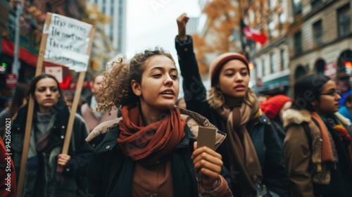 A group of determined women raising fists in solidarity during a strike movement, symbolizing empowerment, unity, and the fight for gender equality and social justice. Strong expressions of defiance a