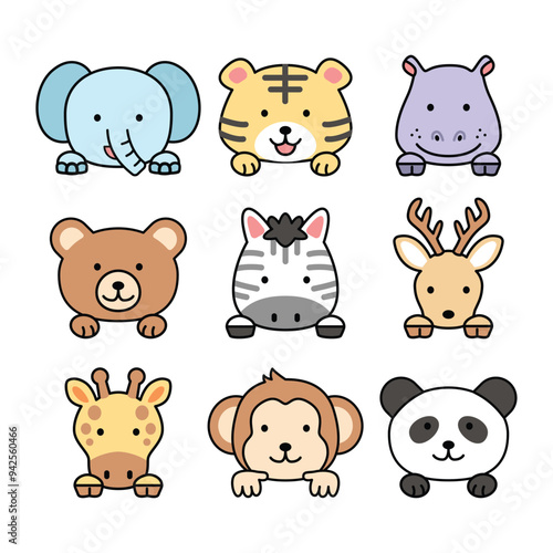 Icon sheet collection symbol set zoo wild animals icon cute characters illustration outline kiddy happy cheerful kawaii japanese style decorative elements