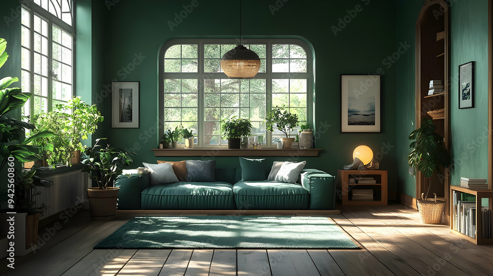 Green living room with large windows, sofa, plants, and natural light. Green living room with large windows, sofa, plants, and natural light.