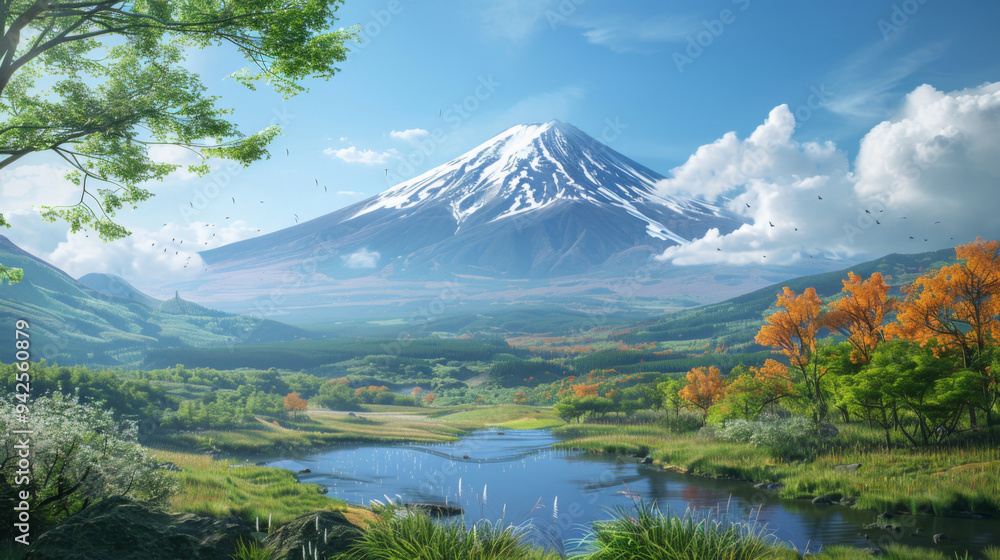 A picturesque landscape of a snow-capped mountain with a lush green valley below, under a clear blue sky. A picturesque landscape of a snow-capped mountain with a lush green valley below, under a clear blue sky.