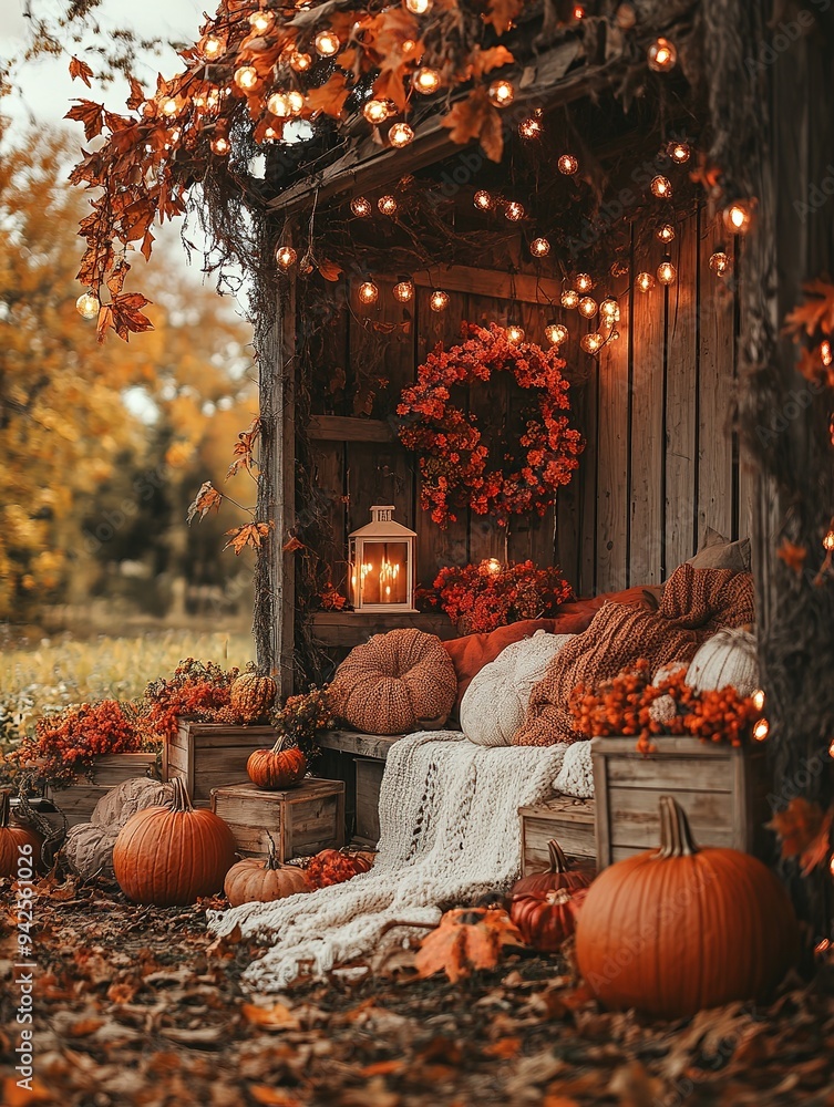 Obraz premium Autumn bedroom, living room interior. Red and yellow leaves and flowers in the vase and pumpkin on light background