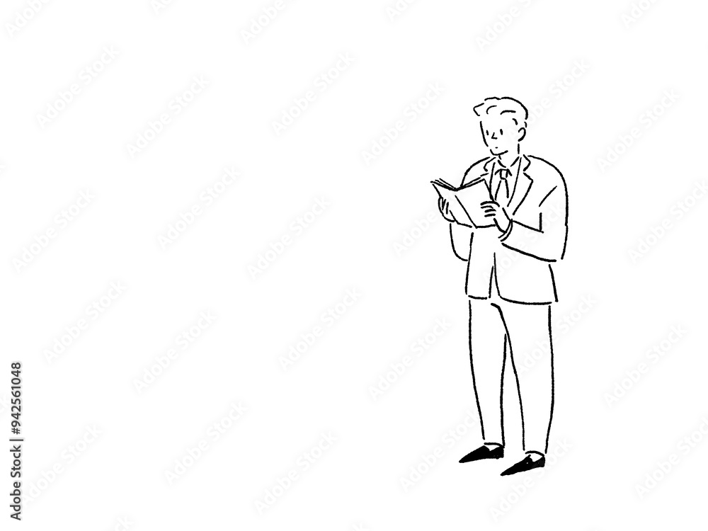 本を読むスーツを着た男性、線画 本を読むスーツを着た男性、線画