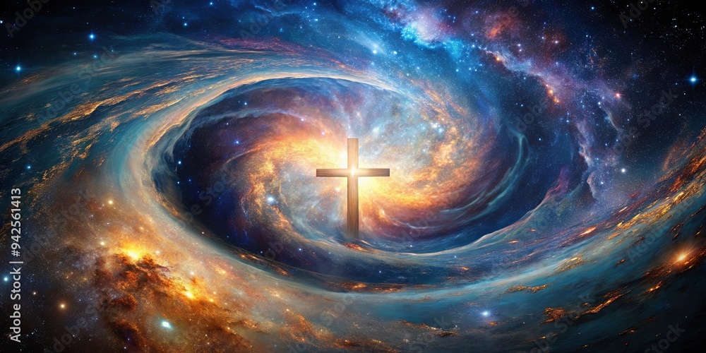 Abstract double exposure of a cross and swirling galaxies representing infinite mysteries of the cosmos Abstract double exposure of a cross and swirling galaxies representing infinite mysteries of the cosmos