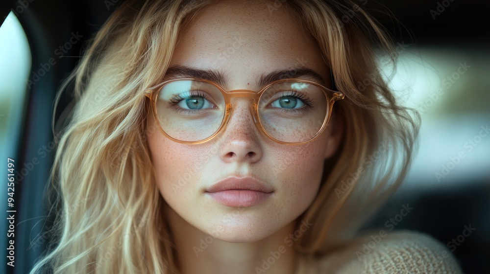 Closeup Portrait of a Young Woman with Blonde Hair and Glasses Closeup Portrait of a Young Woman with Blonde Hair and Glasses