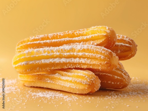 Golden crispy churros with sugar on beige background, Spanish dessert