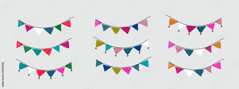 Obraz premium Carnival garland with flags. Vector doodle flat illustration