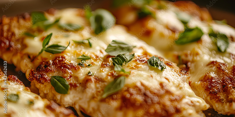 A close up of chicken milanesa, with melted cheese and fresh herbs on top, generative AI