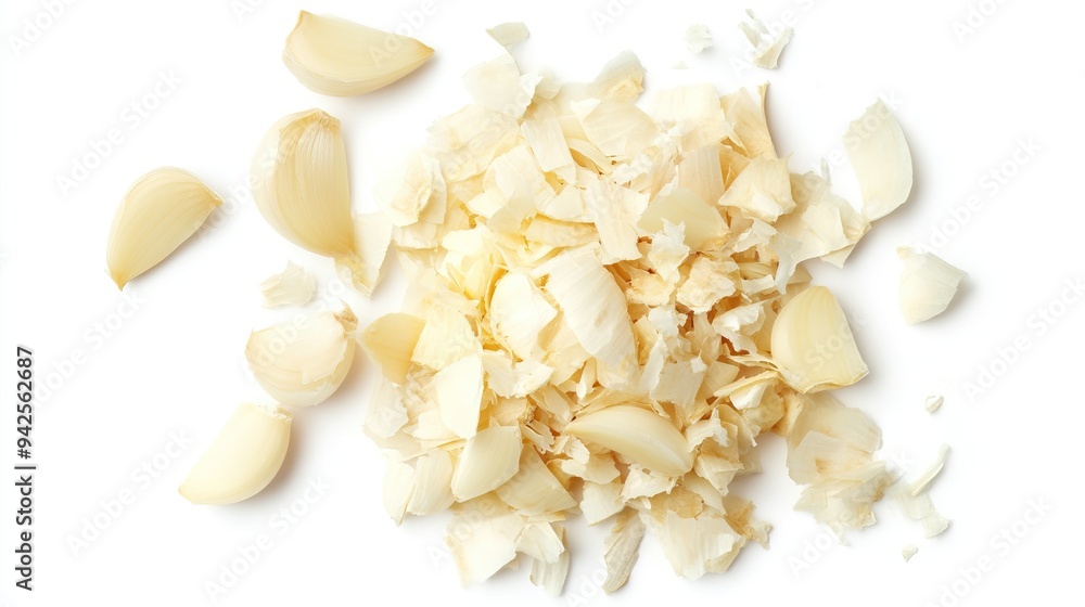 Peeled Garlic Cloves and Skin on a White Background Peeled Garlic Cloves and Skin on a White Background