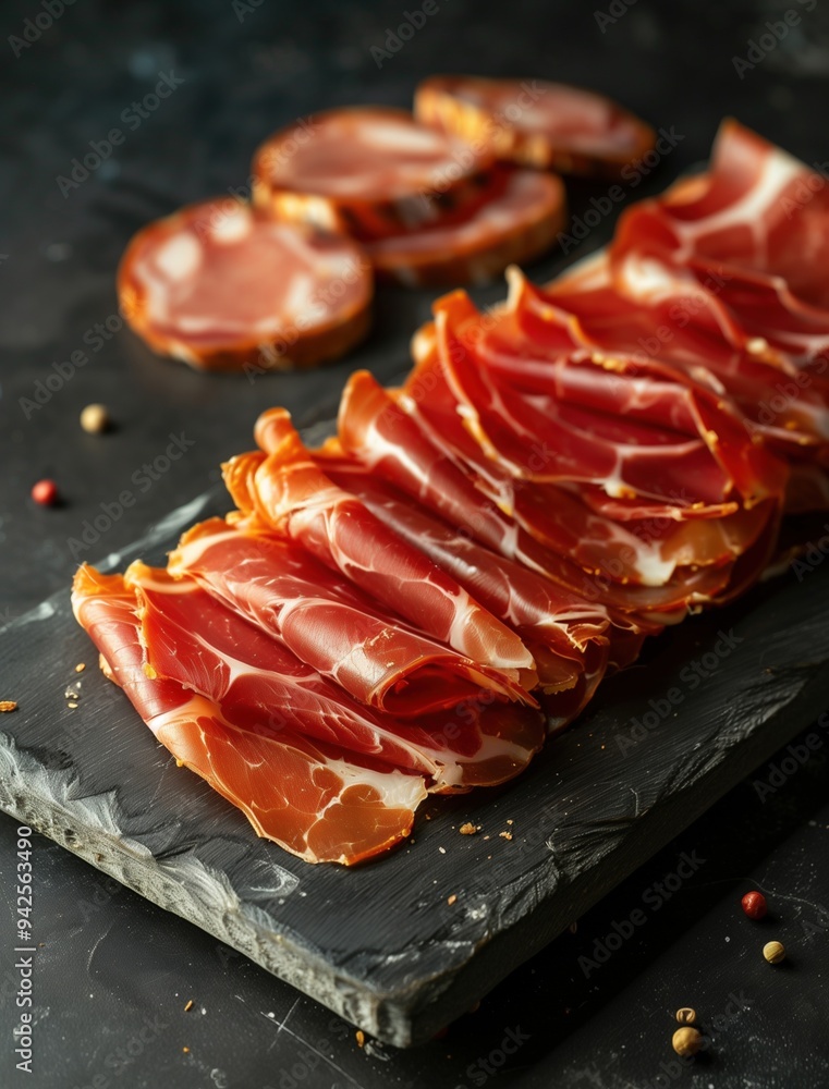 close up of Iberian ham on black background, gourmet Spanish delicacy close up of Iberian ham on black background, gourmet Spanish delicacy