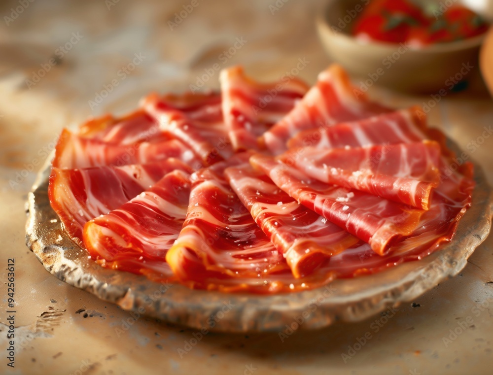 Gourmet flatlay of Jamon Iberico with a rustic touch on beige background Gourmet flatlay of Jamon Iberico with a rustic touch on beige background