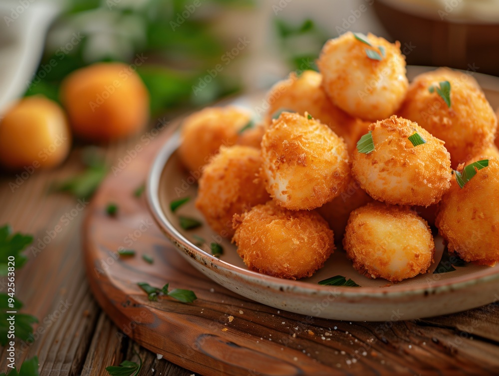 Close up of fried Croquetas, a savory Spanish appetizer in a traditional setting Close up of fried Croquetas, a savory Spanish appetizer in a traditional setting