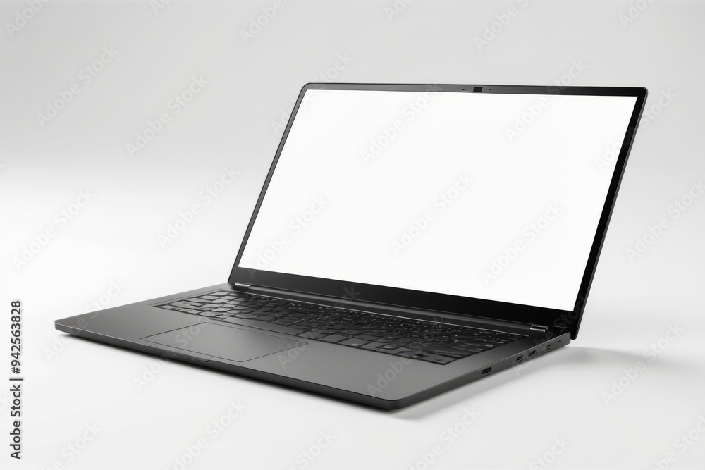 A laptop with a blank screen on a white background, showcasing a silver and black portable device with an open display and keyboard A laptop with a blank screen on a white background, showcasing a silver and black portable device with an open display and keyboard