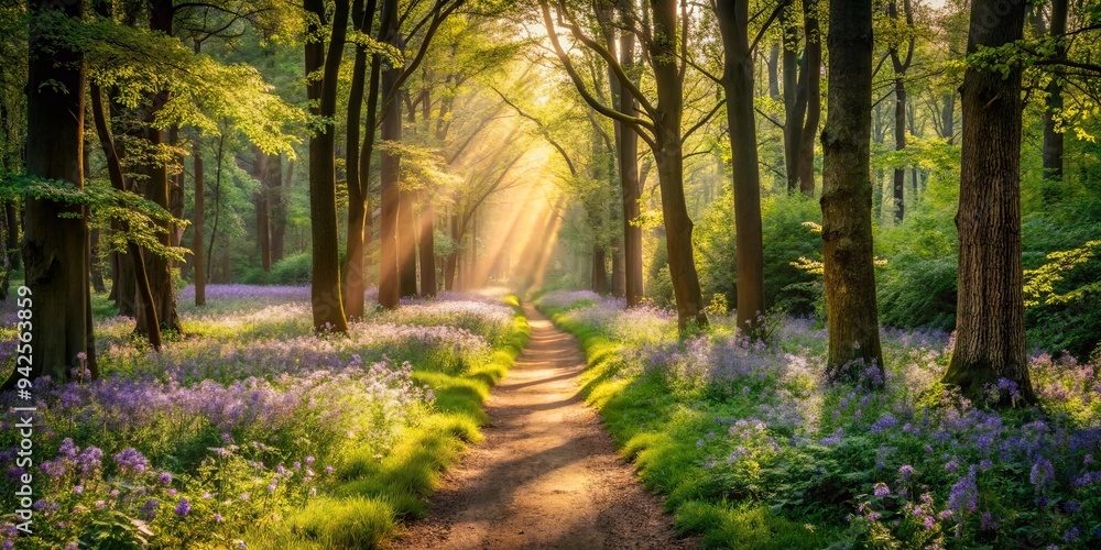 Obraz premium Tranquil forest path with dappled sunlight, wildflowers, and serene atmosphere