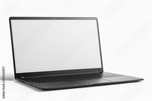 A laptop with a blank screen on a white background, showcasing a silver and black portable device with an open display and keyboard