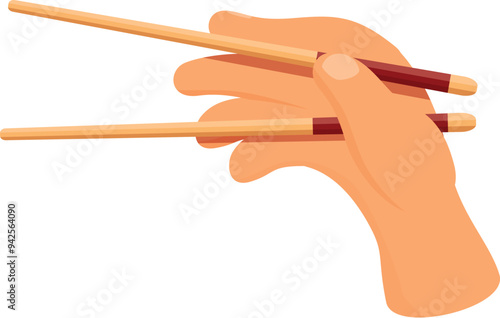 Hand is holding a pair of chopsticks, ready to enjoy a delicious asian meal