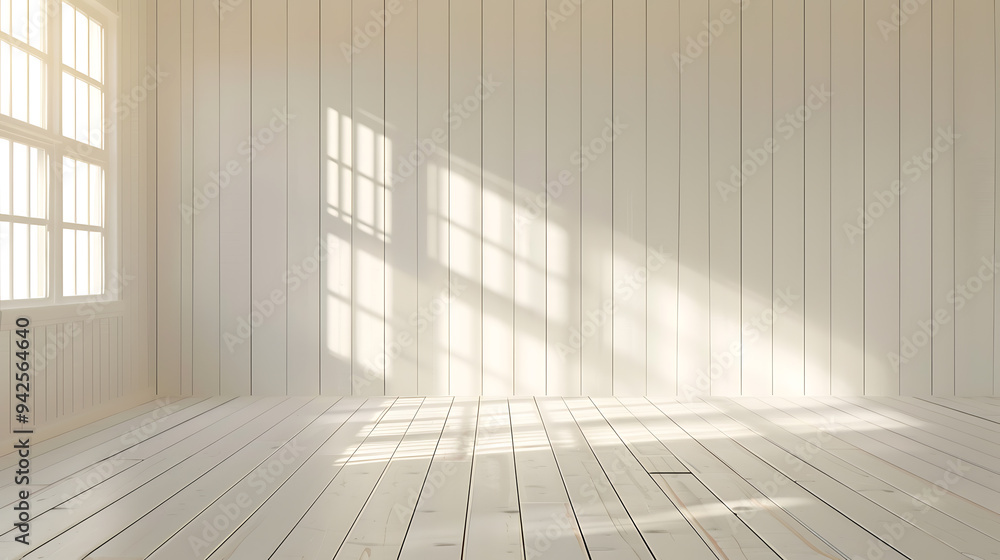 Sunlight streams through a window, casting a warm glow on the white walls and wooden floor of a room. Sunlight streams through a window, casting a warm glow on the white walls and wooden floor of a room.