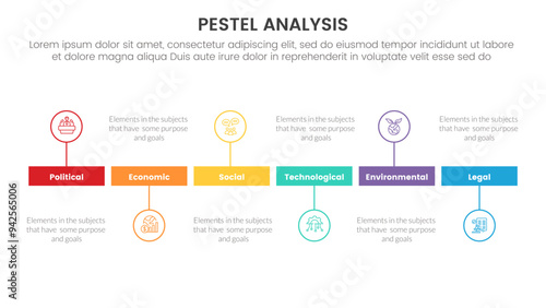 pestel business analysis tool framework infographic with timeline horizontal line outline circle up and down style 6 point stages concept for slide presentation