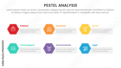 pestel business analysis tool framework infographic with hexagon edge and rectangle box style 6 point stages concept for slide presentation