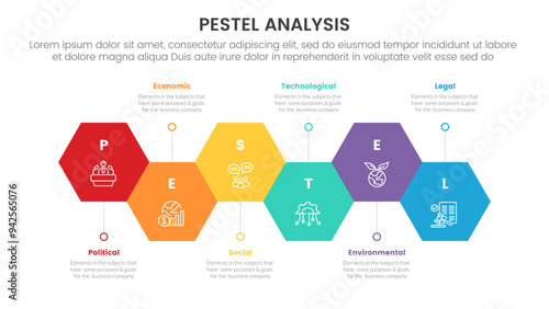 pestel business analysis tool framework infographic with hexagon timeline up and down style 6 point stages concept for slide presentation