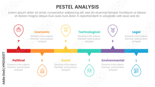 pestel business analysis tool framework infographic with horizontal timeline outline up and down style 6 point stages concept for slide presentation
