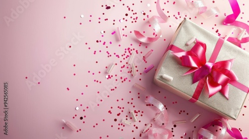 An abstract pink background featuring shiny gift decorations, perfect for a joyful birthday celebration, capturing the festive spirit with vibrant and elegant details.