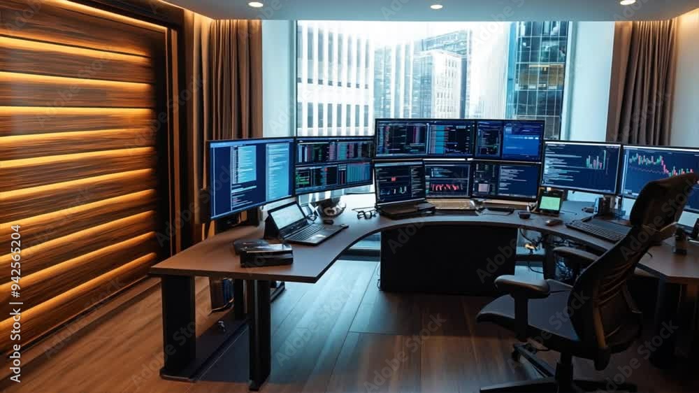 Modern trading desk with multiple monitors displaying stock market data and charts in a high-rise office setting. Modern trading desk with multiple monitors displaying stock market data and charts in a high-rise office setting.