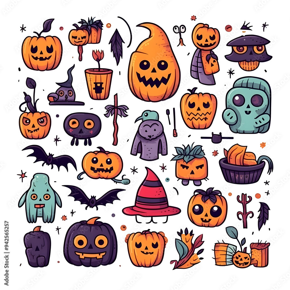 halloween element doodle icon set generative AI. halloween element doodle icon set generative AI.