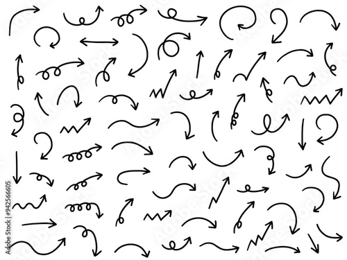 手書きの矢印アイコンのベクターイラストセット。方向、手描き、シンプル、やじるし