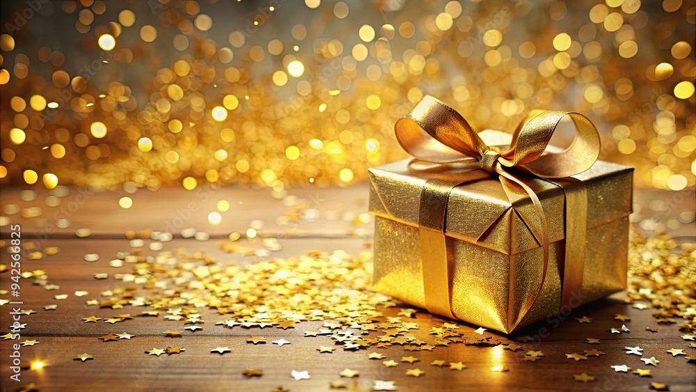 Golden gift box with ribbon and confetti on table, surrounded by more golden confetti, gift box, golden, ribbon, confetti Golden gift box with ribbon and confetti on table, surrounded by more golden confetti, gift box, golden, ribbon, confetti