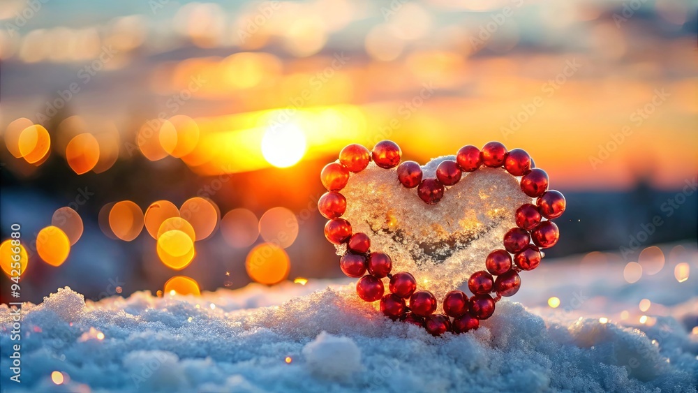 Heart of ice and snow adorned with red beads set against a sunset backdrop with blurred bokeh, perfect for winter holiday and Christmas designs Heart of ice and snow adorned with red beads set against a sunset backdrop with blurred bokeh, perfect for winter holiday and Christmas designs