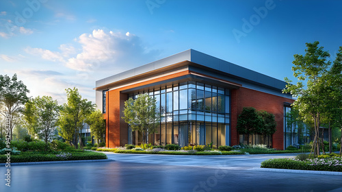 Modern Brick Building with Large Windows and Greenery.