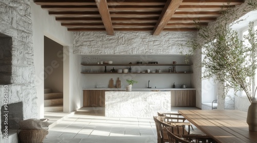 Charming Provence Kitchen Interior Featuring Wooden Ceiling and White Stone Textured Wall, Evoking Rustic Elegance and French Country Charm